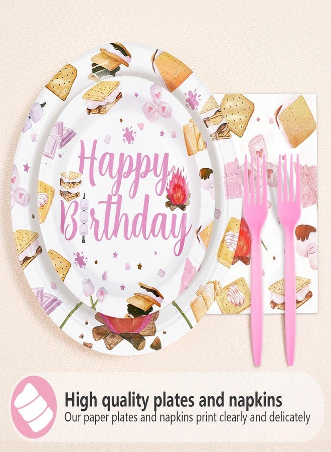 Greencian 96Pcs S'mores Camping Birthday Decorations Birthdays Are S’more Fun with Friends Plates and Napkins Pink Camping Theme Tableware Set for Girls Camper Campfire Bonfire Birthday Party Supplies Serves 24 - Image 3